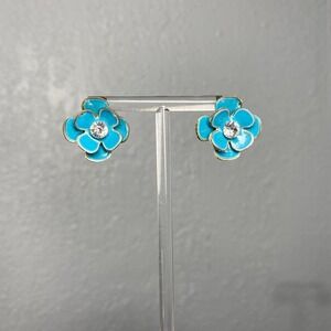 TURQUOISE OCEAN BLUE FLOWER RHINESTONE STUD GOLD PLATED EARRINGS TROPICAL BOHO